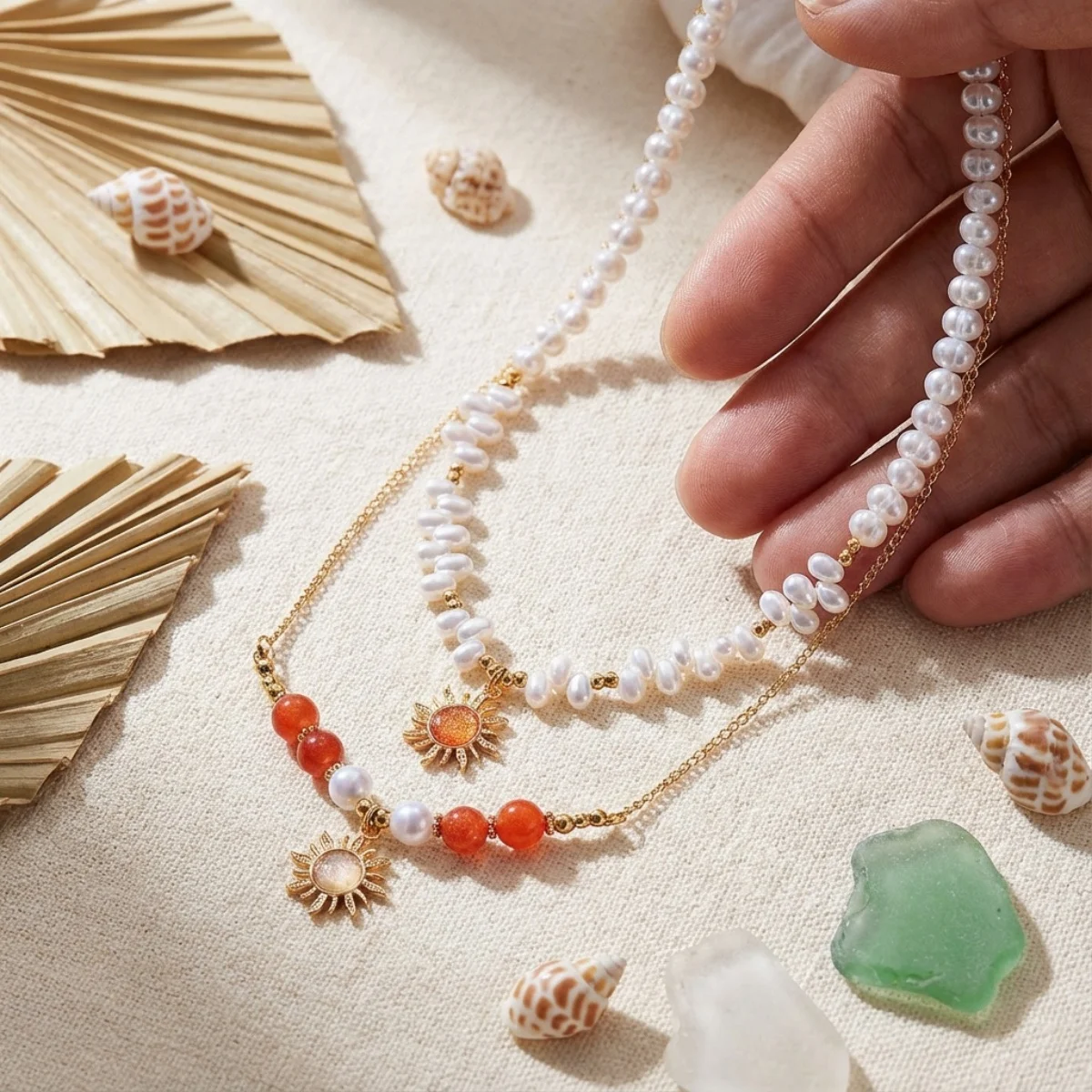 Trendy Sommer Rote Erdbeere Anhänger Halskette Für Frauen Männer Barock Imitation Perle Metall Seestern Conch Bogen Sonne Halsband Schmuck – Detail 39
