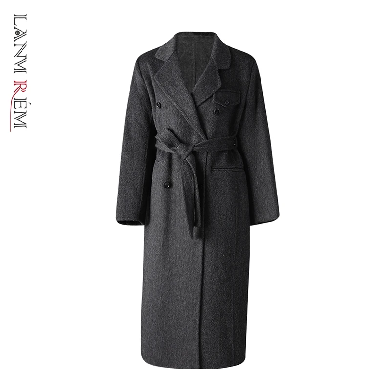 LANMREM Dark Grey Women's Suit Collar Double-faced Woolen Coat autumn Winter Loose Casual Straight Overcoat With Belt CPG4195