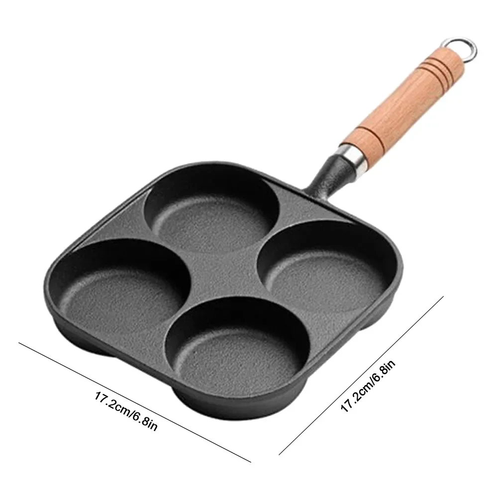 4-Hole Non Stick Omelet Pan Breakfast Burger Egg Pancake Maker Wooden Handle Cookware Pancake Pan for Gas Stove Induction Cooker