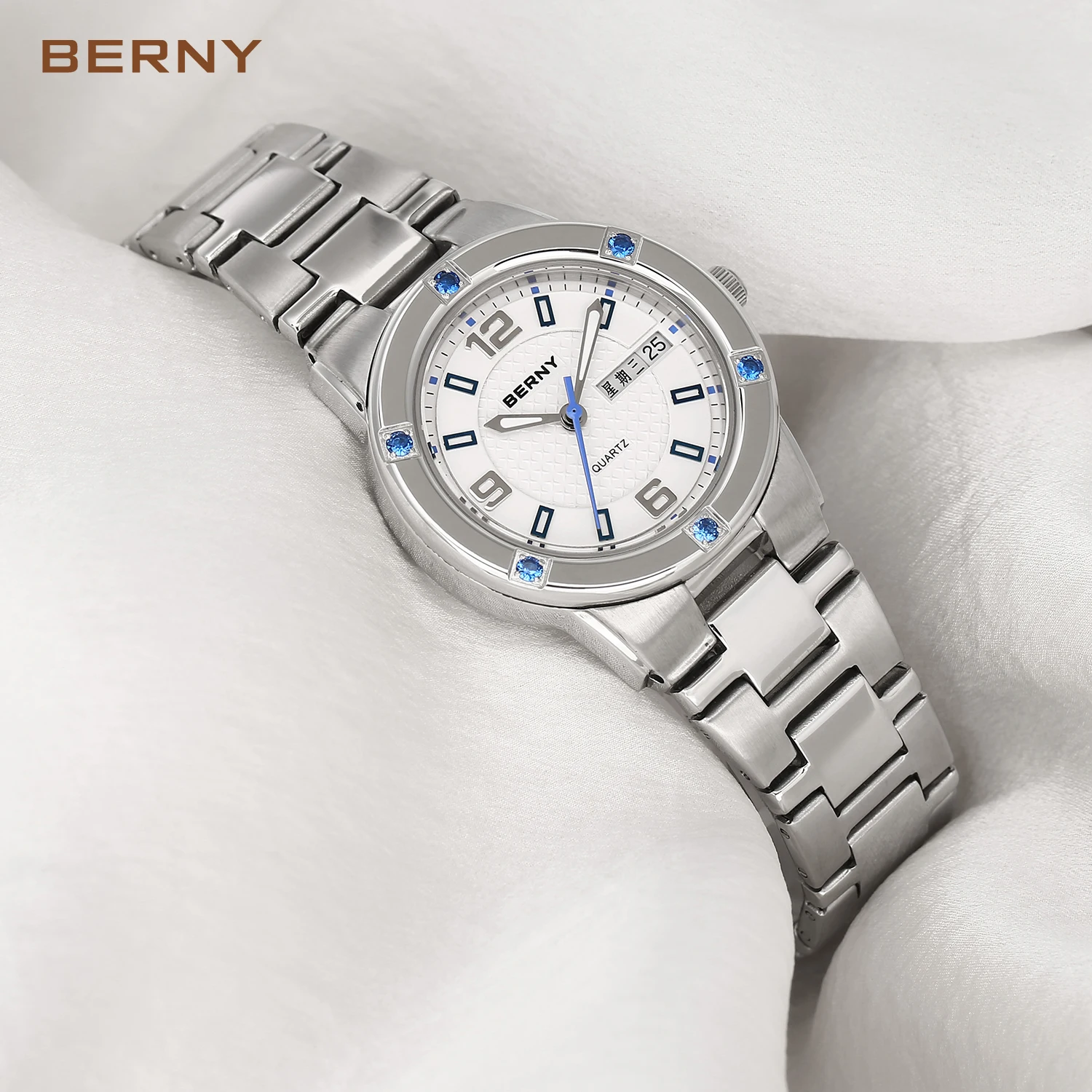 BERNY Women's Watches Luminous Date Week Calendar Stainless Steel Quartz Women WristWatches Clock Waterproof Casual Ladies Watch