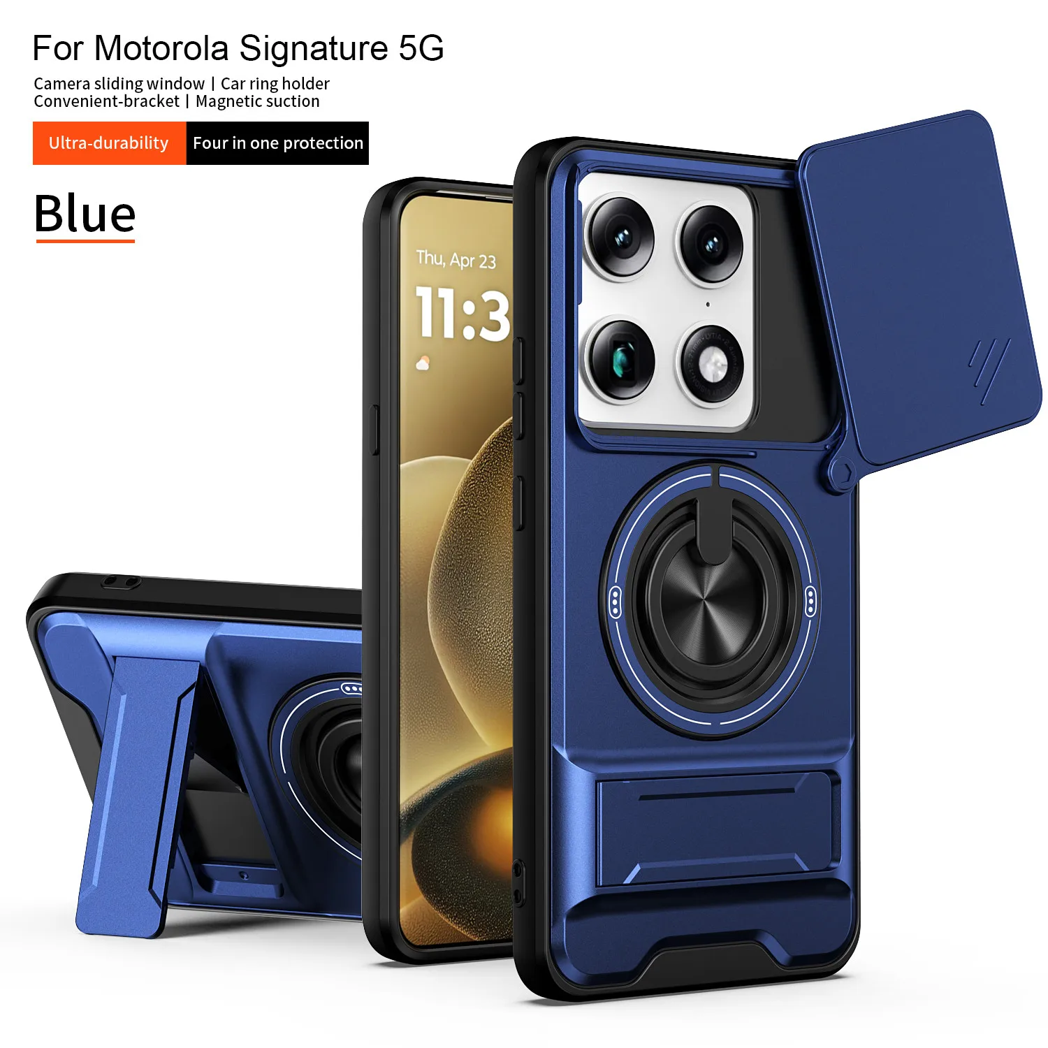 Shockproof Armor  with Slide Lens Protector and Magnetic Ring Stand