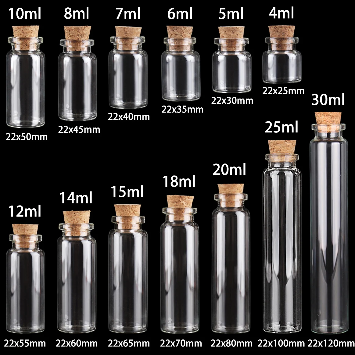 10 pièces 4ml/5ml/6ml/7ml/8ml/10ml/12ml/14ml/15ml/18ml/20ml/25ml bouteilles  de souhait en verre avec liège pour cadeau de mariage 13 tailles u-pick -  AliExpress