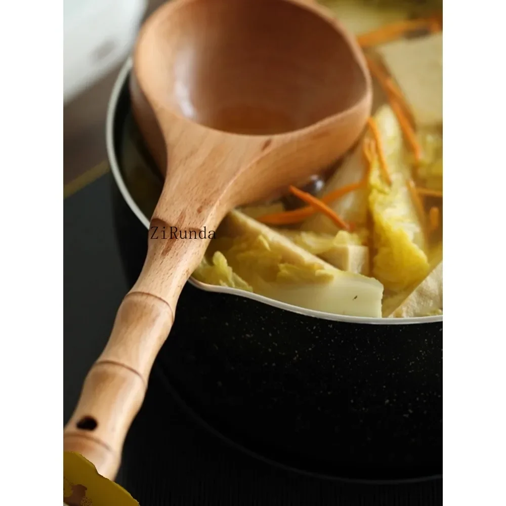 *Long handle water scoop Solid wood bamboo handle Rice scoop Kitchen wooden spoon Wooden bucket Sauna water spoon