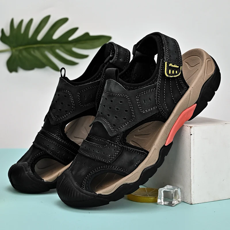 

Сандалии мужские из натуральной кожи, дышащие мягкие, Повседневная Уличная обувь ручной работы, пляжные шлепанцы, летние сандалии, большие размеры