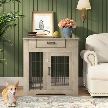 Furniture Style Dog Crate End Table with Drawer, Pet Kennels with Double Doors, Dog House Indoor Use,29.9''x24.8''x30.71'' 1
