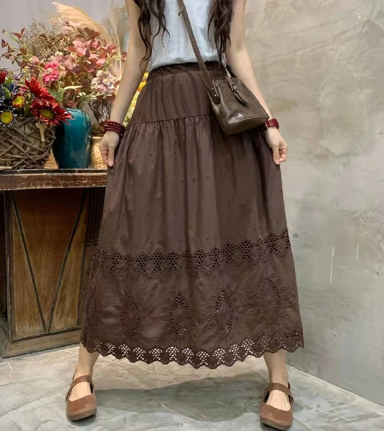 Ladies Skirt 2022 Summer Embroidery Cotton Linen Casual A line Hollow Out Casual Thin Long Skirt Female YoYiKamomo golf skirt