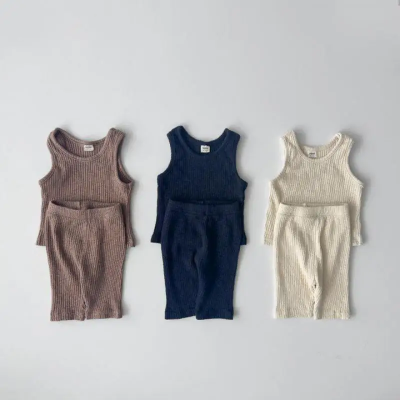 

Summer New Children Solid Home Clothing Set Boys Girls Sleeveless Vest + Shorts 2pcs Suit Cotton Kids Breathable Casual Outfits