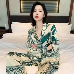 QWEEK Designer Clothes Women Luxury Satin Pajamas Summer Trouser Suits Money Print 2 Piece Set Nightwear Long Sleeve Room Wear