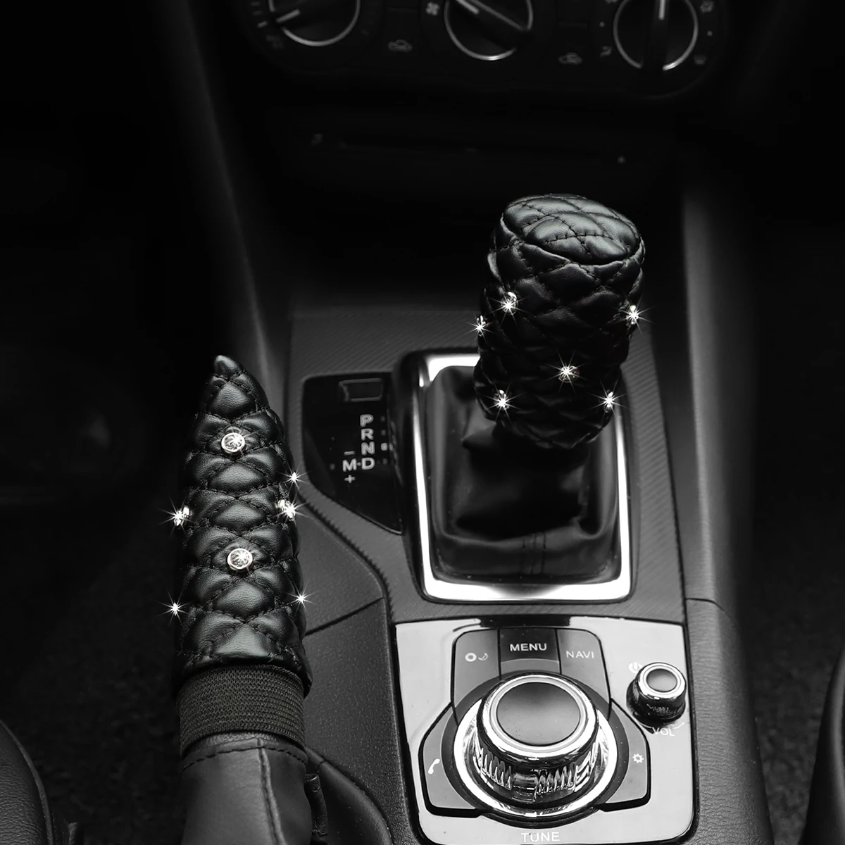 2 Sets Diamond-set Bling Artificial Sheepskin Stereo Embroidery Car Handbrake Set Gear Set Manual Gear Automotive Supplies