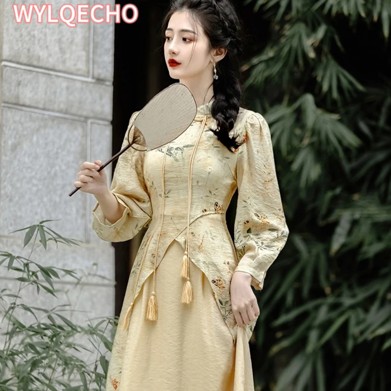 

2023 New Chinese Style Republic of China Improved Cheongsam Women Spring Summer Elegant Fake Two-piece Printed Qipao Dress