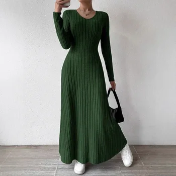 Knitted Maxi Dress Women Elegant Party Autumn Winter O Neck Long Sleeves Sexy Slim Long Dresses Casual Holiday Street Dress Robe 1