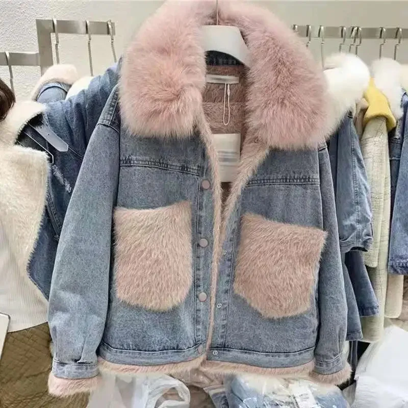 2023 50% cotton  Fashion Korean Edition Thickened Denim Coat Women Autumn Winter Loose Sweetened Lamb Wool Cotton Coat Polo Neck