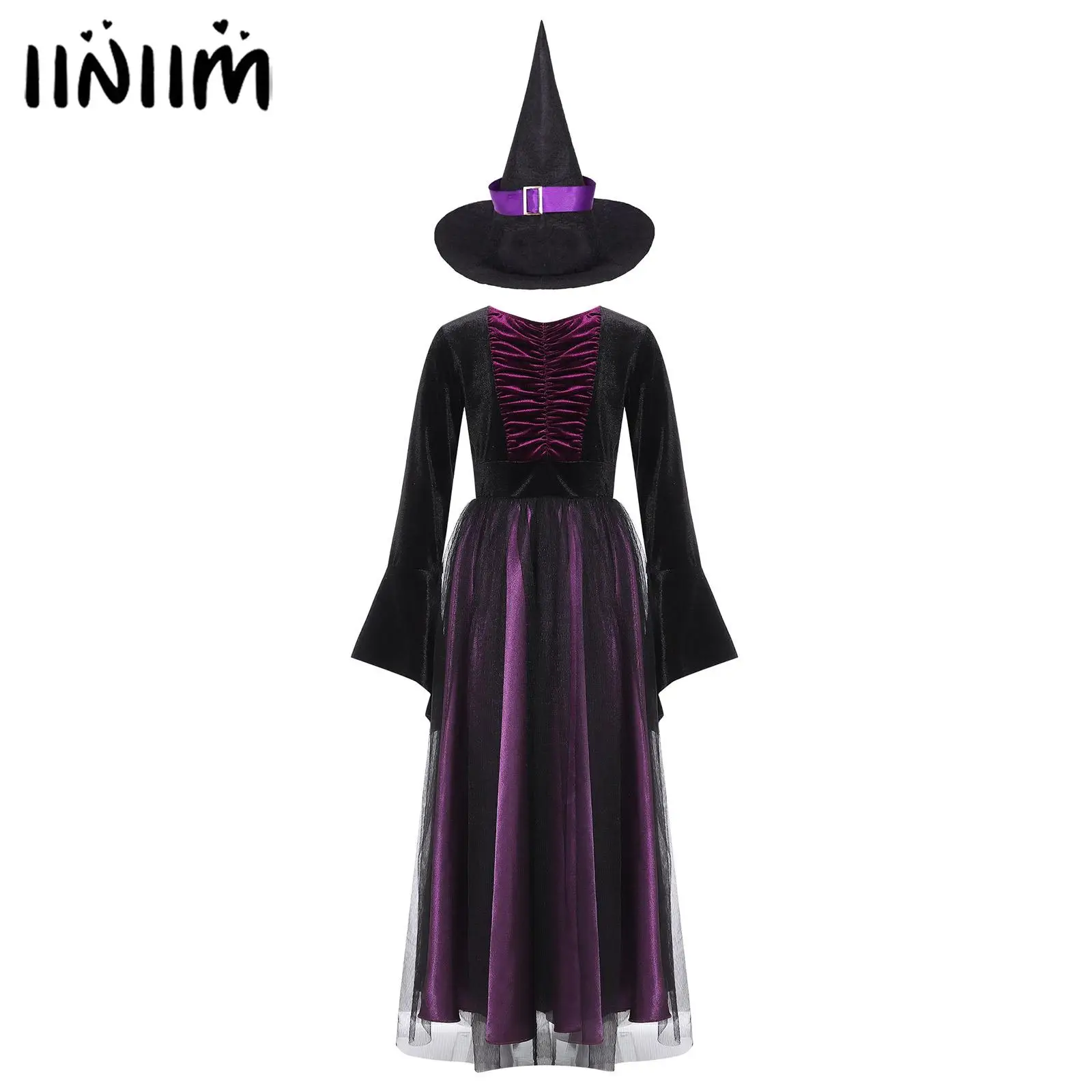 

Kids Girls Halloween Witch Vampire Devil Cosplay Outfit Carnival Dress Up Easter Halloween Costume Witch Dress with Witch Hat