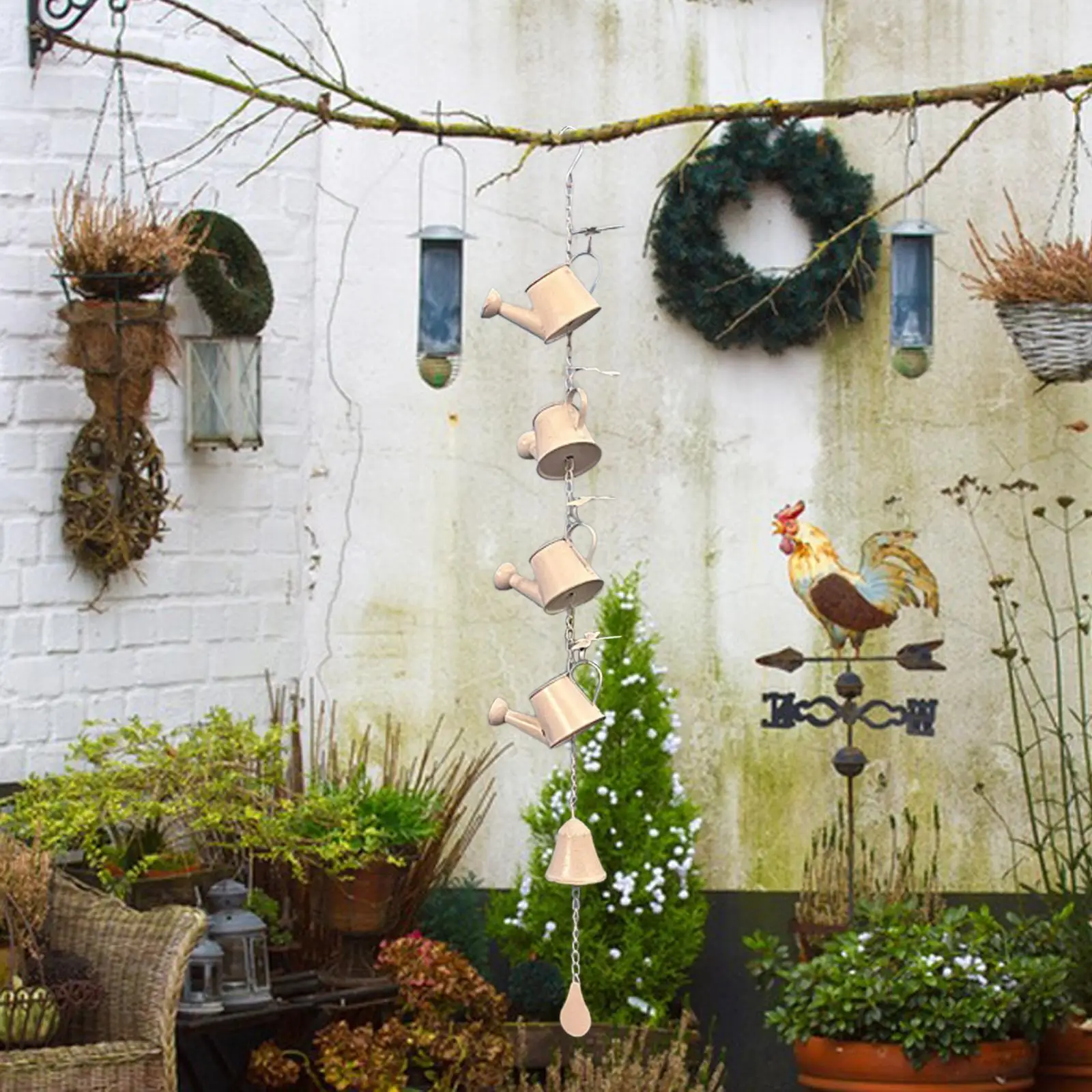 Metal Watering Can with Bell Chime, Rain Chain, Display Stand