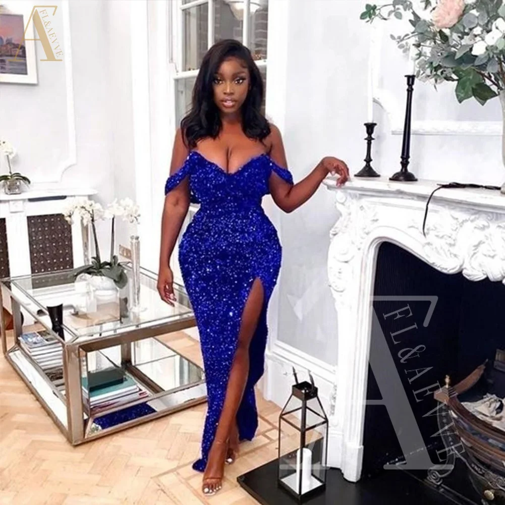 

Royal Blue Sequin Prom Dress Off the Shoulder Womens Dresses for Evening Side Split Prom Gown for Women Elegant Party Dress