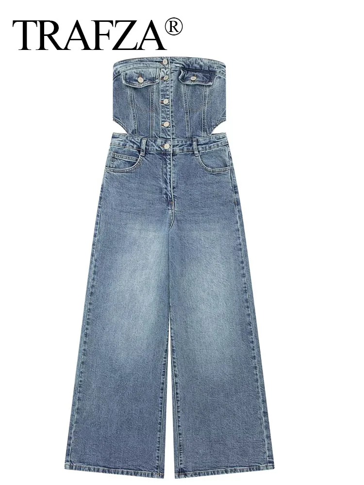 

TRAFZA Spring Denim Women Strapless Jumpsuit Traf Sleeveless Vintage Solid Backless Hollow Out High Waist Ankle Length Female
