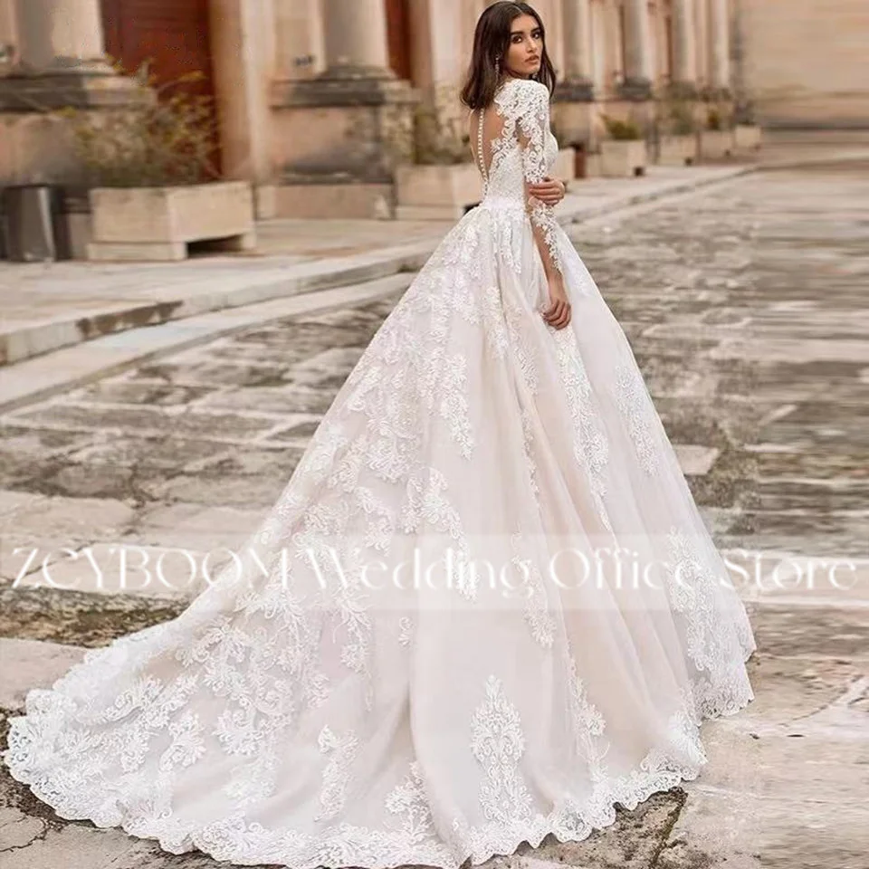 Elegantes Tüll-Applikationen-Ballkleid mit langen Ärmeln, Hochzeitskleid 2026, Illusions-V-Ausschnitt, Brautkleid mit Schleppe, Vestido De Noiva – Detail 4