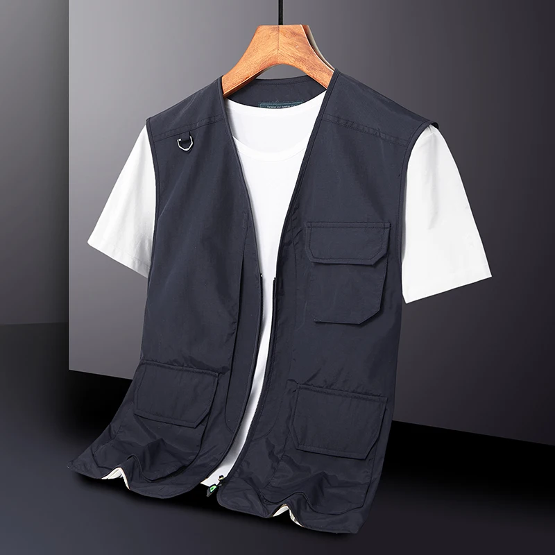 Mesh Quick Drying Vest 2024 Summer Men's Solid Color Multi Pocket Tactical V-neck Cargo Jacket Casual Breathable Men's Tank Top
