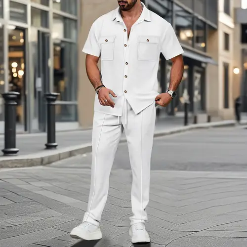 The new 2025 summer Europe and the United States men's casual solid color cardigan double pocket shirt short sleeve pants suit - Image 4