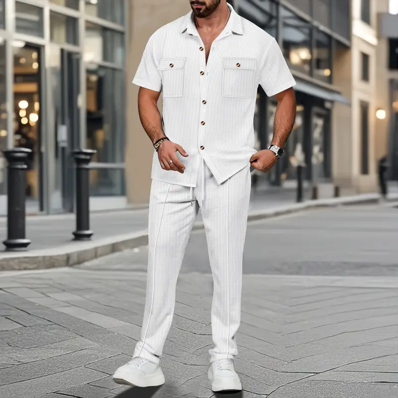 The new 2025 summer Europe and the United States men's casual solid color cardigan double pocket shirt short sleeve pants suit - Image 4
