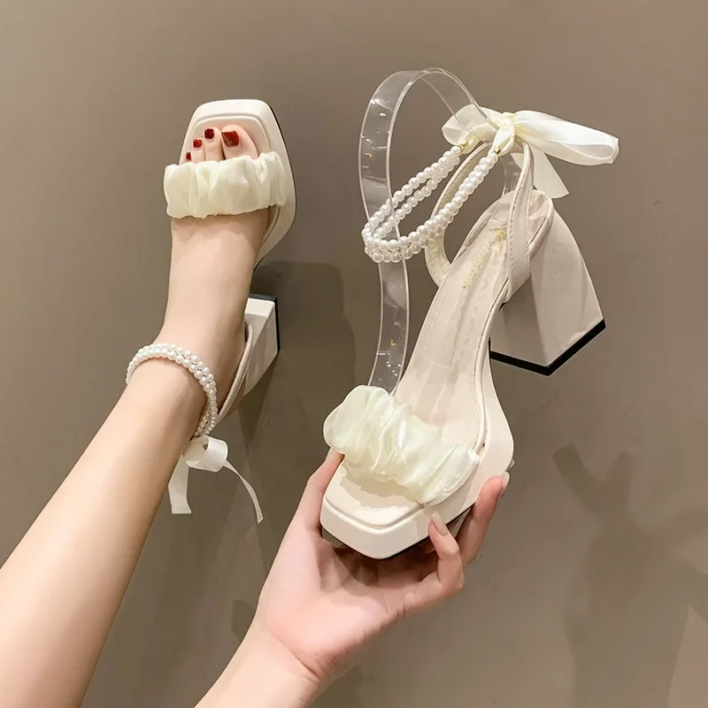 Fashion 2025 Women's Pumps with Elegant Bows Women Shoes Party Square Toe Pearl Sandals Thick Heel Shoes for Women Retro Zapatos 2