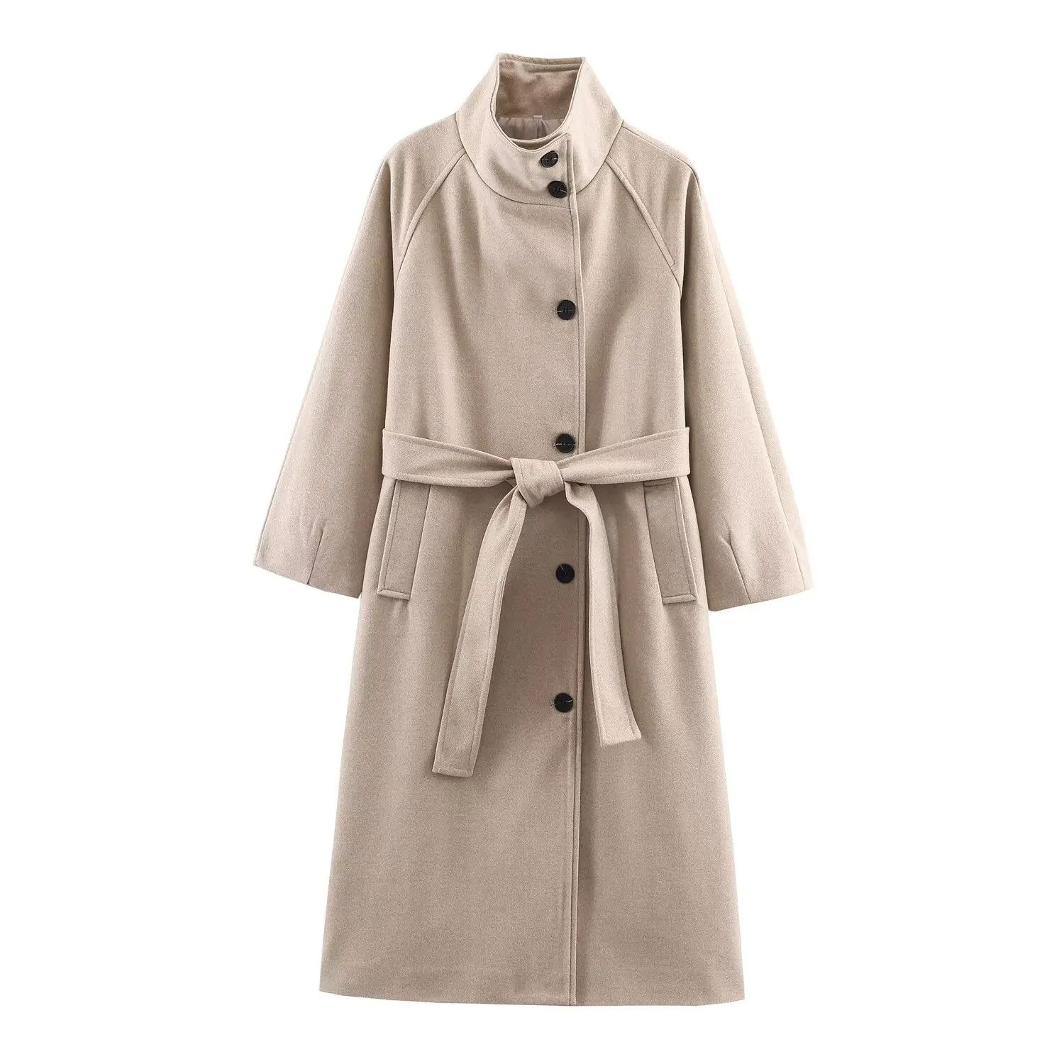 Ladies'Elegant High-End Grey Woolen Coat Women Stand Collar Single Breasted With Belt Long Coat Commut Casual High Street Coat