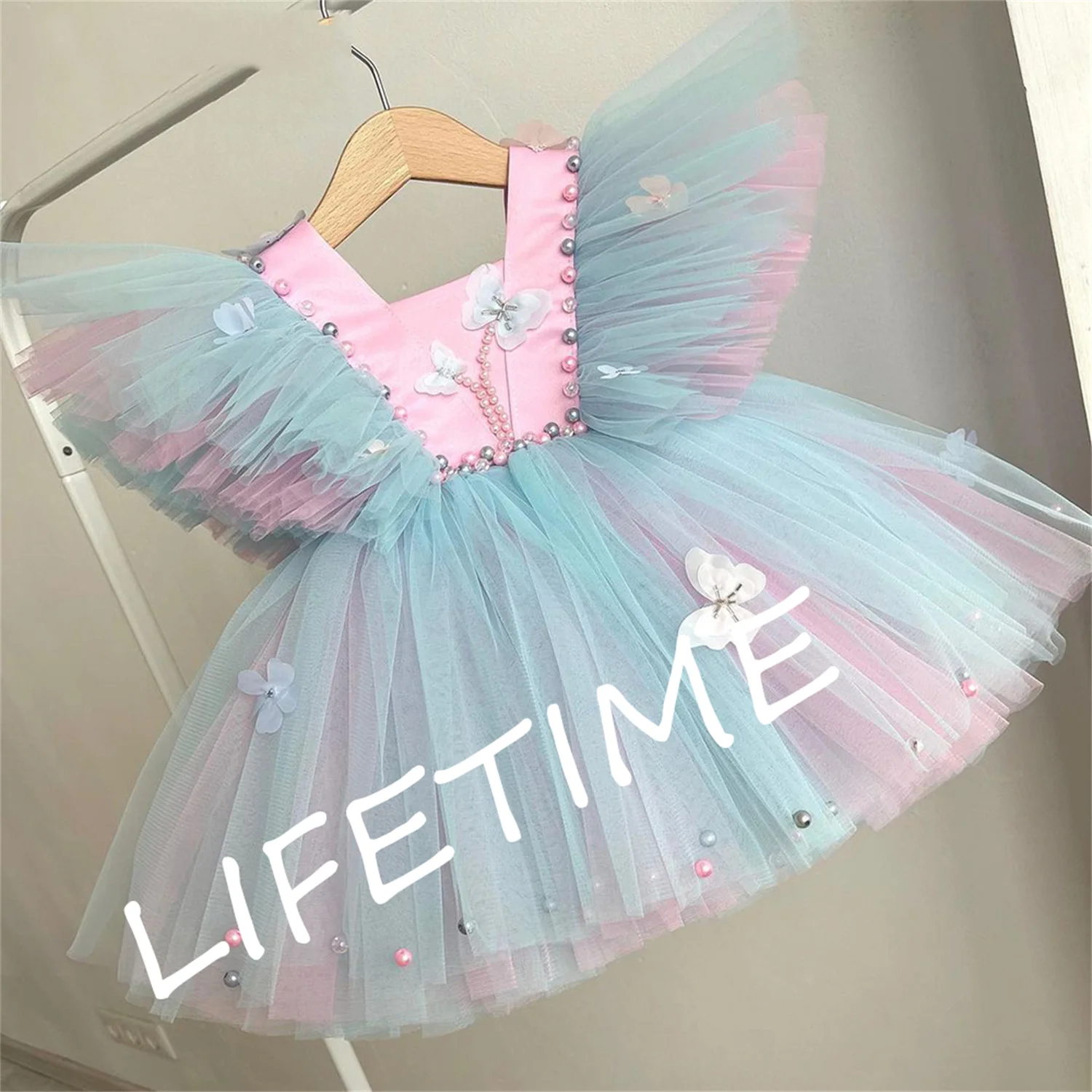 Gardenwed Colorful Party Dresses Child Girl Wedding Dress With Bow Pearls Tulle Puffy Flower Girl Dresses For Weddings