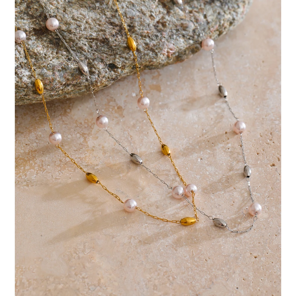 Yhpup Necklace Stainless Steel Simulated Pearls Bead Chain Narcissus Jewelry