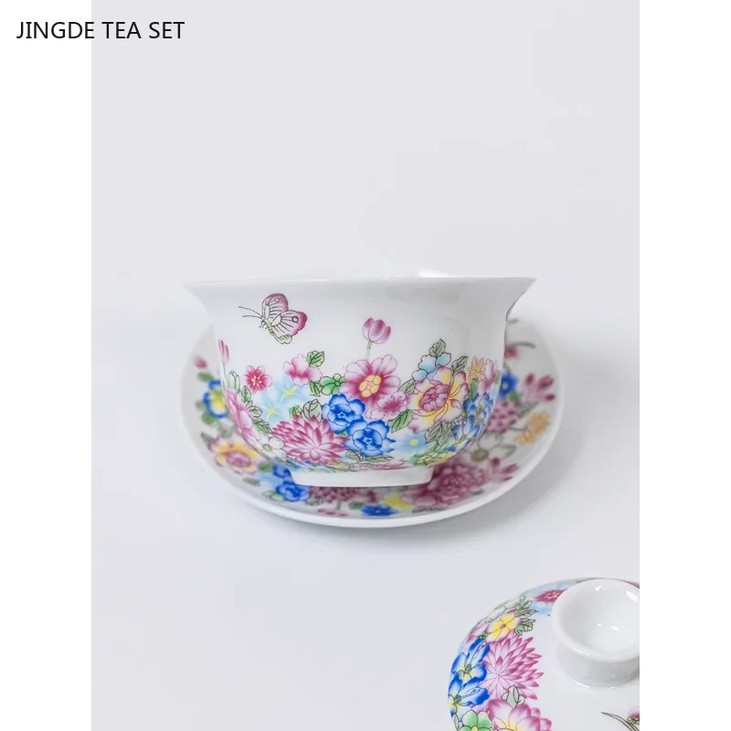 1PCS 90ML Dehua suet jade ceramic gaiwan hand-painted enamel color three cups covered bowl ceramic beauty tea infuser