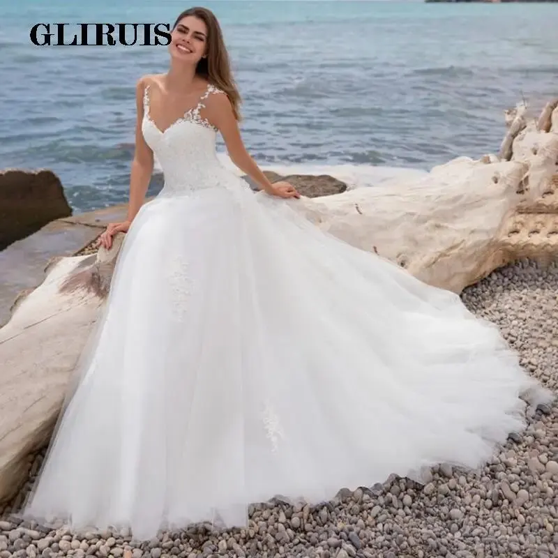 

Sexy V-Neck Appliques Wedding Dress Lace A-Line Spaghetti Straps Sweep Brush Train Tulle Gothic 2022 Robe Mariage
