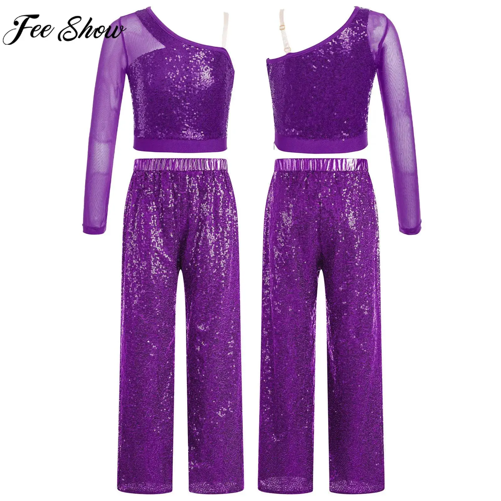 

Teen Girls Sequin One Shoulder Sheer Mesh Crop Top with Pants Jazz Dance Cheerleading Outfit School Party Performance Dancewear