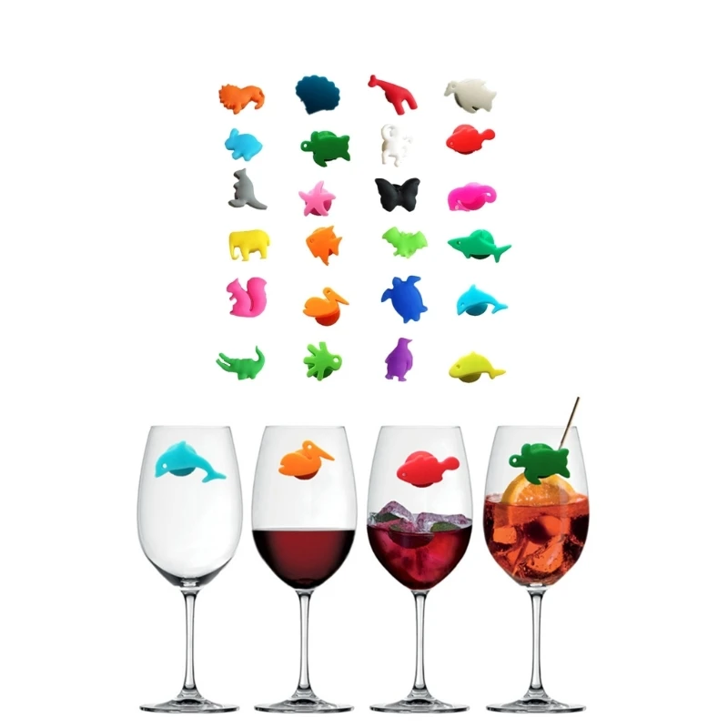 Wine Glass Markers Set of 24 Marine Terrestrial Animals Silicone Drink Glass Tags Identification Cup Labels Signs for Bar glass identifiers