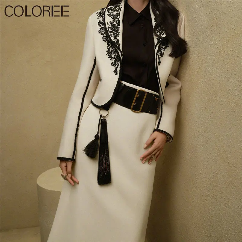 

Brand Designer Clothes Women Luxury Vintage Embroidery Blazer Jacket+long Skirt Two Piece Set Women Outfit 2023