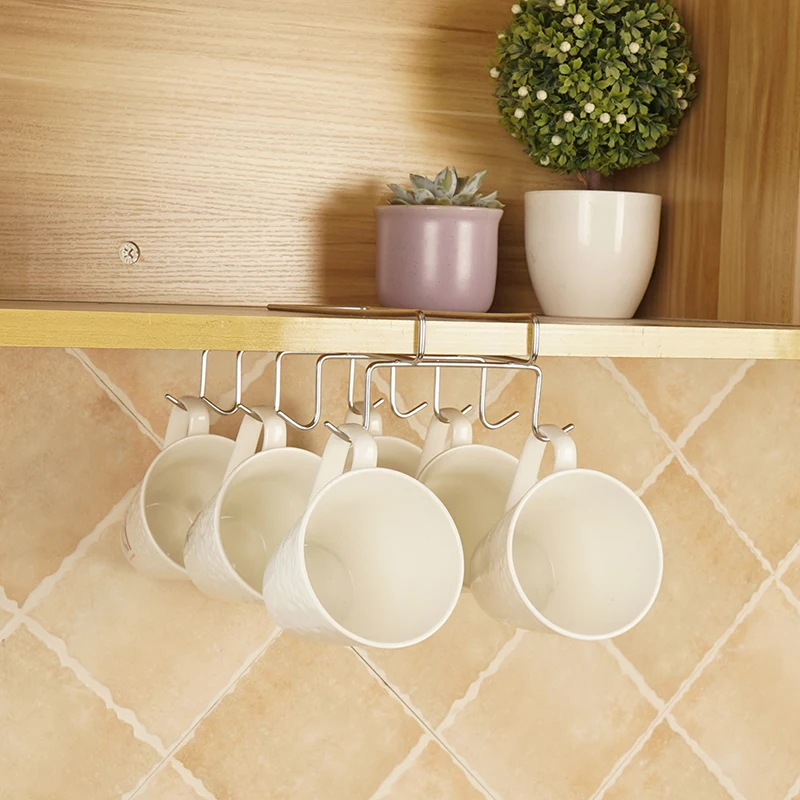 Coffee Mug Holder Kitchen Storage Hook Cabinet Decor Sign Cup Rack Useful Wine Glass Hanger Stainless Steel Punch-free Cup Shelf wine glass rack kitchen spice rack