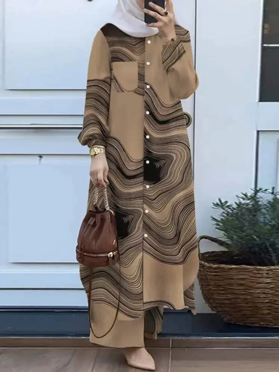 라마단 이드 이슬람 바지 세트 두 조각 셔츠 바지 여성 정장 셔츠 블라우스 Musulman Ensembles 모로코 Kaftan 이슬람 드레스 세트