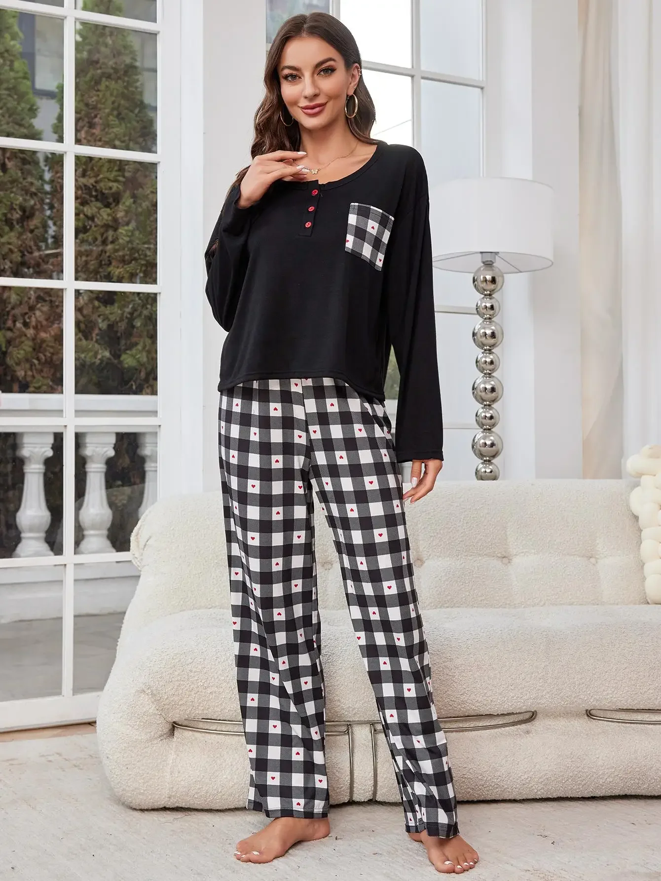 Plaid Bottons Closure Pajama Set