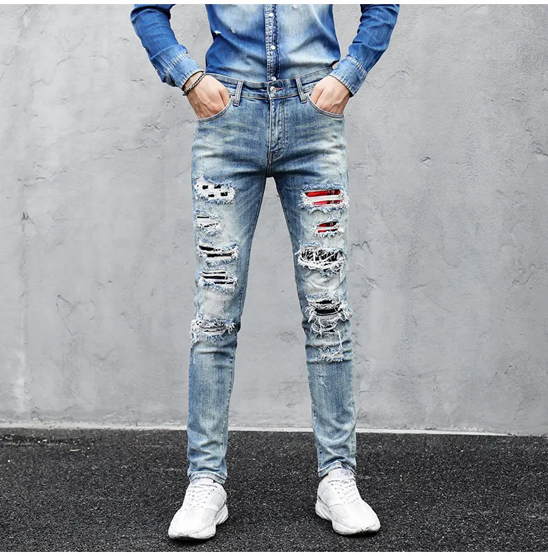 

New Men's Male High Street Tide Autumn Holes Scratched Patches Fashion Ripped Trend Jeans For Men Stretch Slim Small Feet 8048