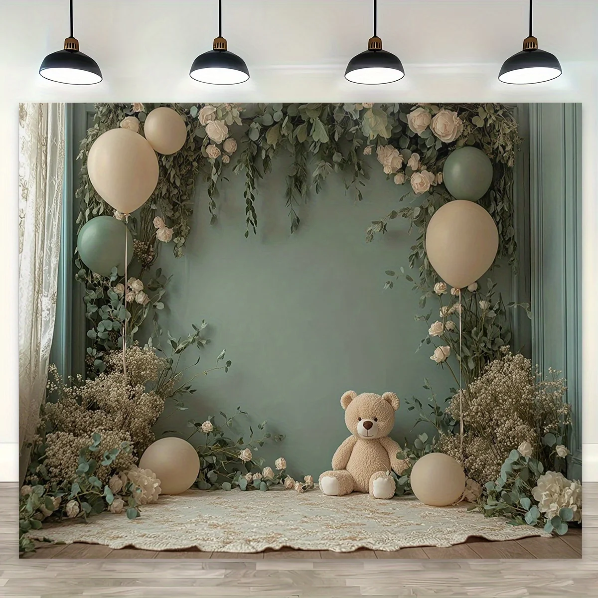 Ein eleganter Teddybär- und Ballonhintergrund, weich rosa-grün mit Blumenakzenten, für eine Geburtstagsfeier – Detail 9