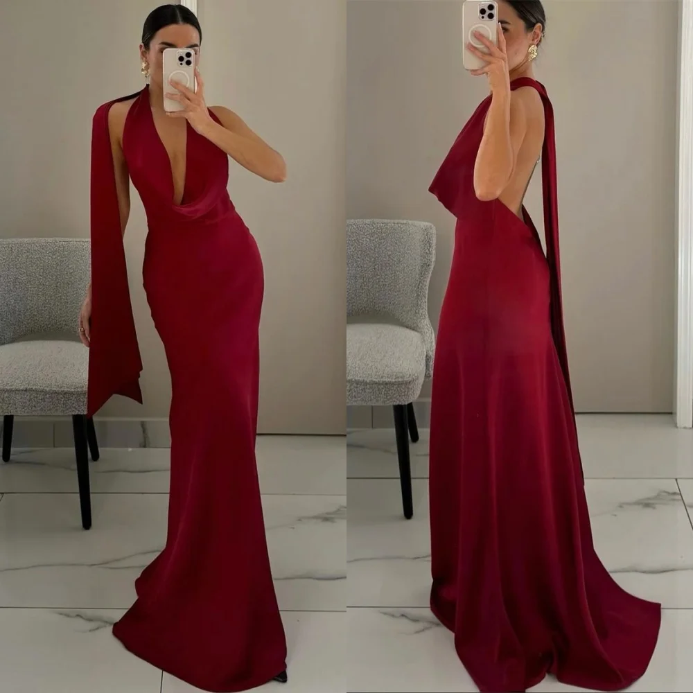 Customized Classic Burgundy Jersey Evening Dress Modern Deep V-Neck Cap Sleeve Open Back Mermaid Sweep Train Homecoming Dress