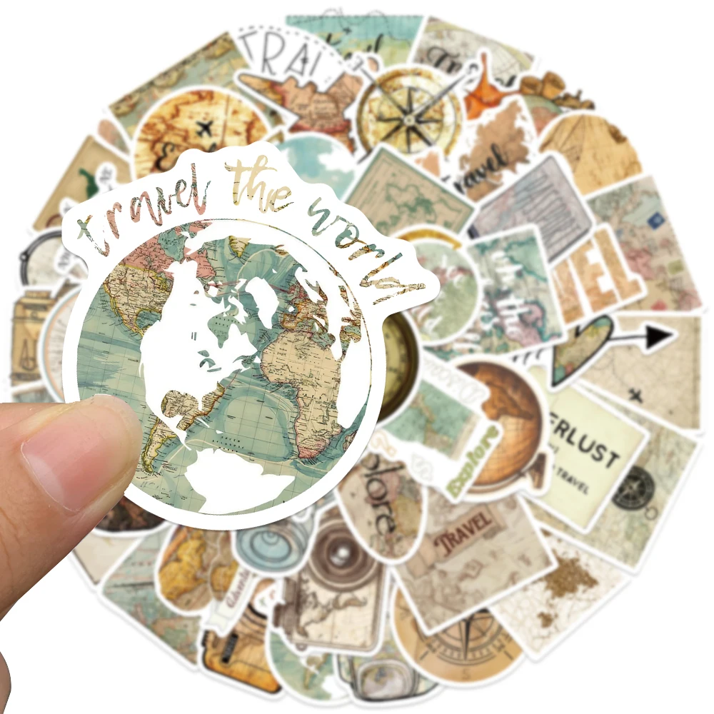 50pcs Retro Aesthetic Travel Map Tourist Stickers For Luggage Laptop Guitar Phone Bicycle Car Waterproof Graffiti Vinyl Decals