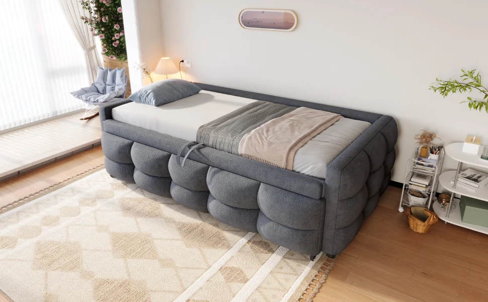 Gepolstertes Bett, ausziehbares Schlafsofa 90/180*190 cm, Puff-Bett, Teddy-Samtstoff, Einzelbett, Doppelbett, mit Lattenrost – Detail 17