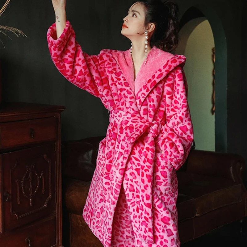 

Nightgown Pants Set Winter Ladies Padded Warm Bathroom Bathrobe Pink Microfiber Girls Home Casual Wear Bridal Morning Gown S M L