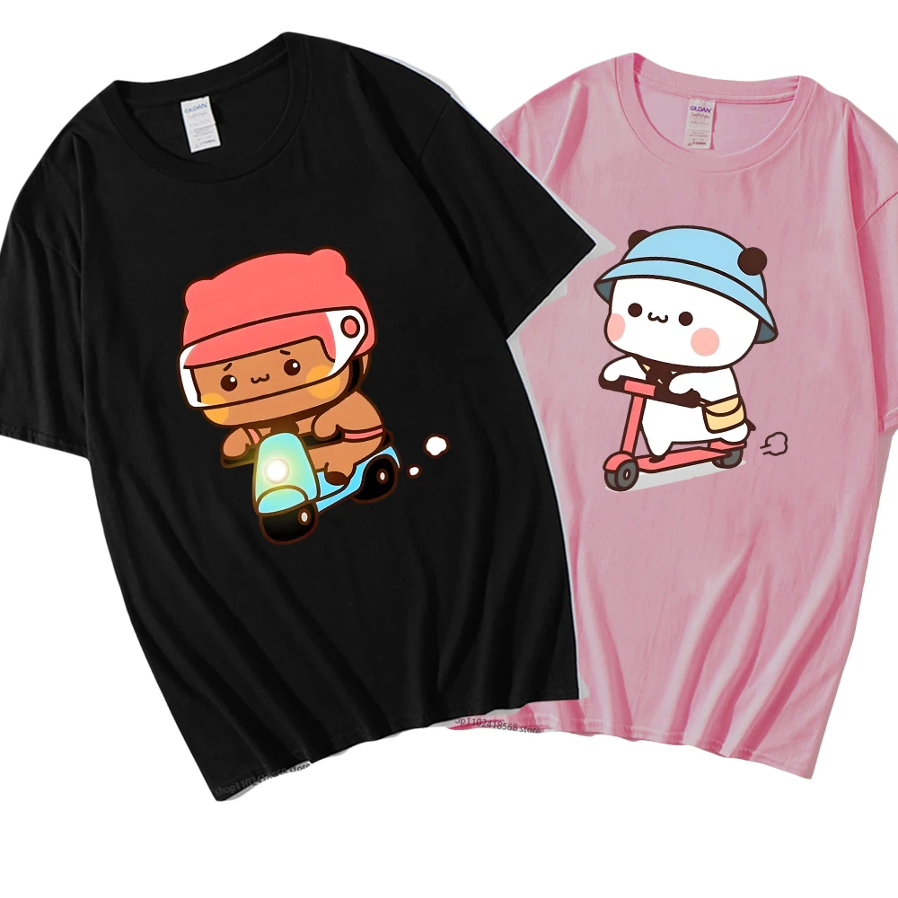 

Couple Shirt Cartoon Bubu Dudu T-Shirts Mochi Brownie Bear Bike Riding Tshirt Women Kawaii Y2k Top 100% Cotton Summer Clothes