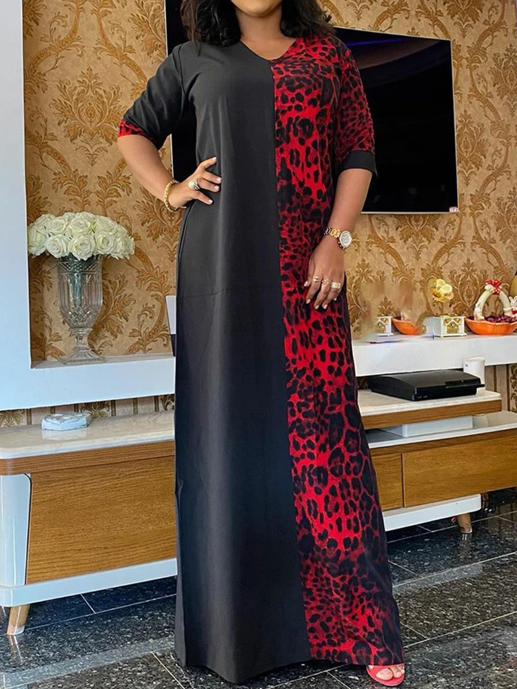 

African Leopard Print Long Dresses For Women Black Red Robe 2023 Summer Half Sleeve V-neck Dress Party Evening Gown Loose Boubou