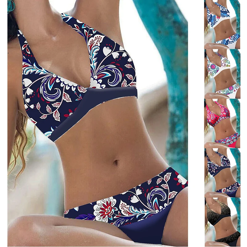 Women Swimwear Summer Swimsuit Willow Branch Flower Print Strap Beach Vest Style