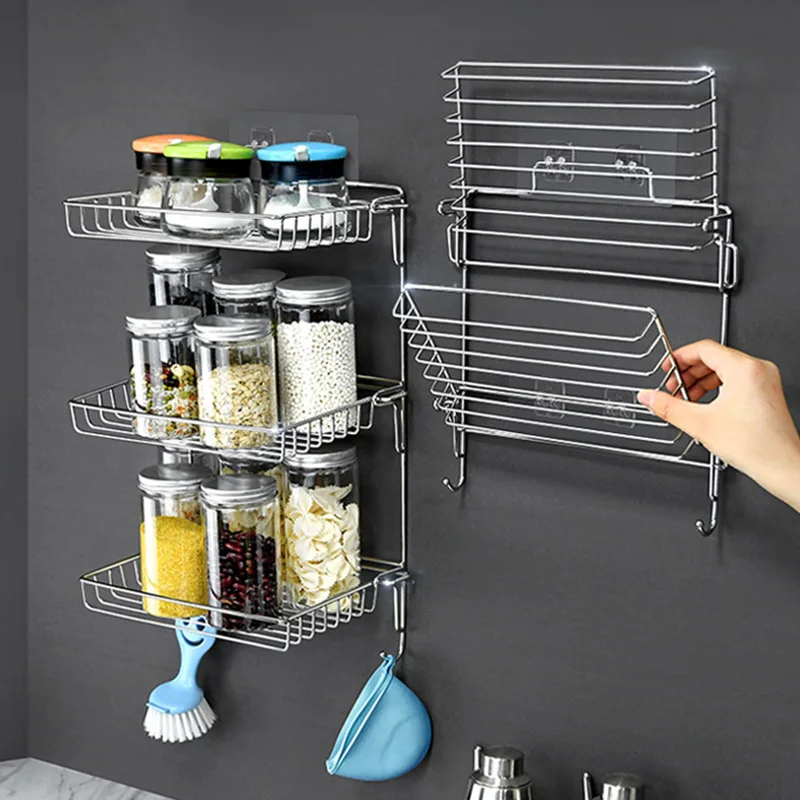 

Stainless Steel Spices Shelf Wall Mounted Shampoo Shower Gel Shelf for Bathroom Foldable Storage Rack Kitchen Accessories