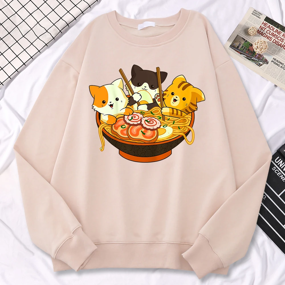 Einfaches Kawaii-Sweatshirt für Frauen, Anime-Katzen, die japanische Ramen-Nudeln essen, bedruckte Hoodies, lockere warme Pullover-Kleidung mit Rundhalsausschnitt – Detail 33