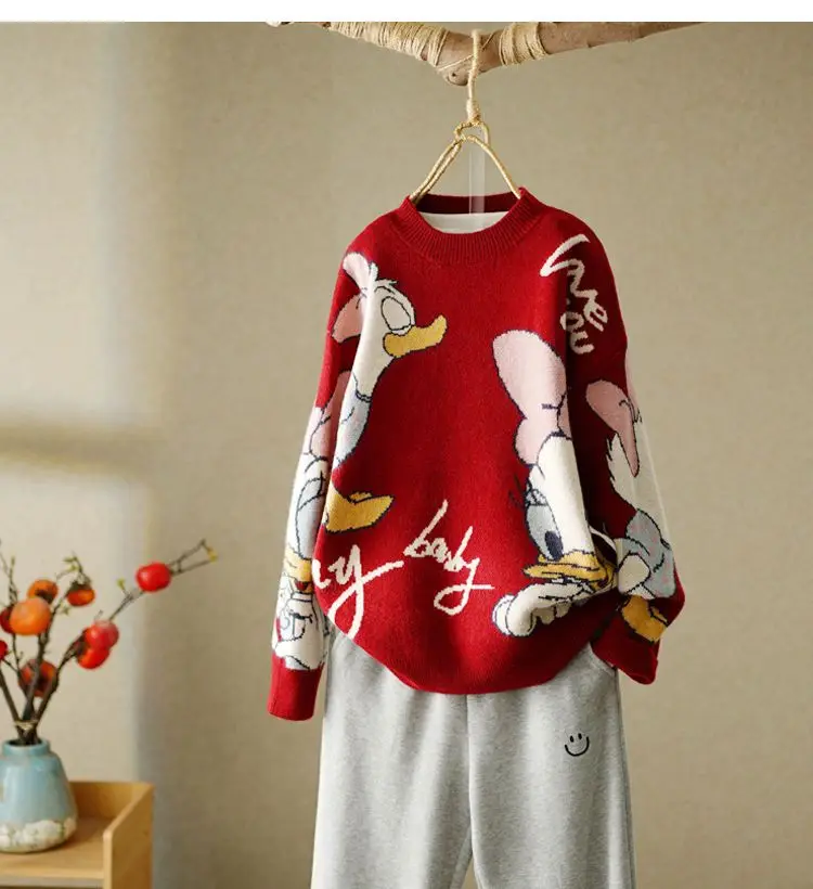 Disney Duck Long Sleeve Autumn Winter Cardigan Jumper Top Turtleneck Pullovers Casual Sweaters Women  Loose Sweater Girl