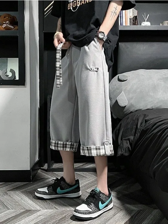 New Summer Waffler Men's Loose Shorts Simplicity Casual Drawstring Elastic Waist Rolled Edge Straight Wide Leg Calf Length Pants