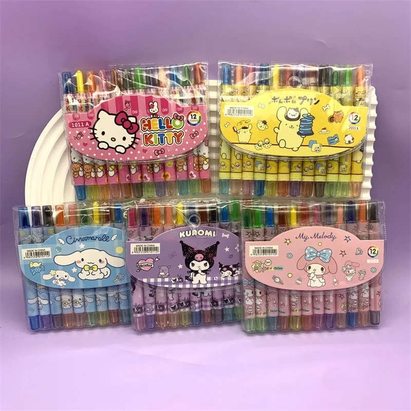 Nuovi 12 colori sanios pastelli Kawaii Hello Kittys Kuromi Melody Cinnamoroll rotante telescopico colorato penna bambini disegno Graffi